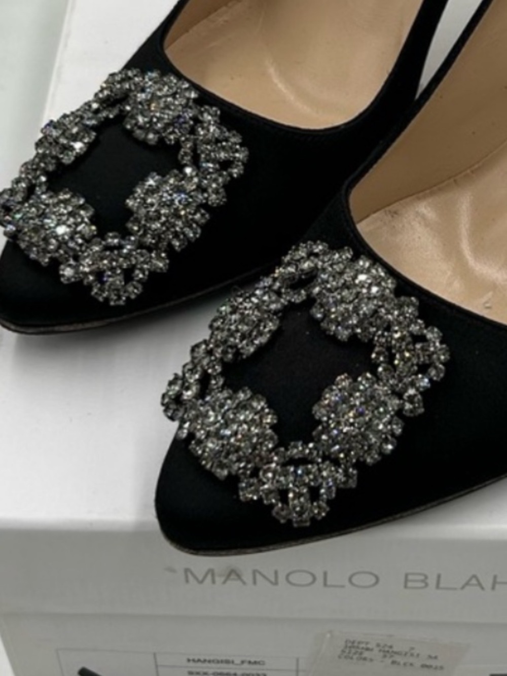 Manolo Blahnik HANGISI Black Satin Crystal-Buckle Pointed Toe Pumps. Size 37 - Picture 2 of 7